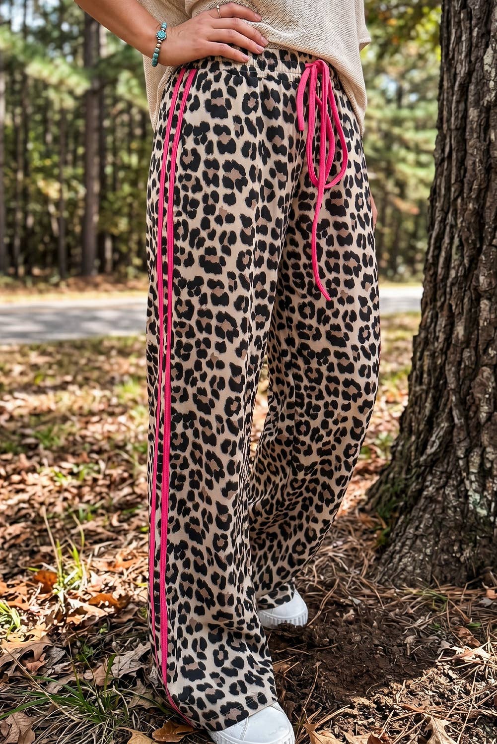 Leopard Print Rose Side Wide leg Stripe Detail Wide Pants: Rose