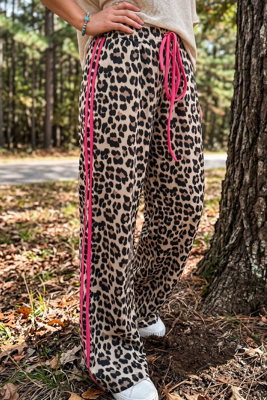 Leopard Print Rose Side Wide leg Stripe Detail Wide Pants: Rose