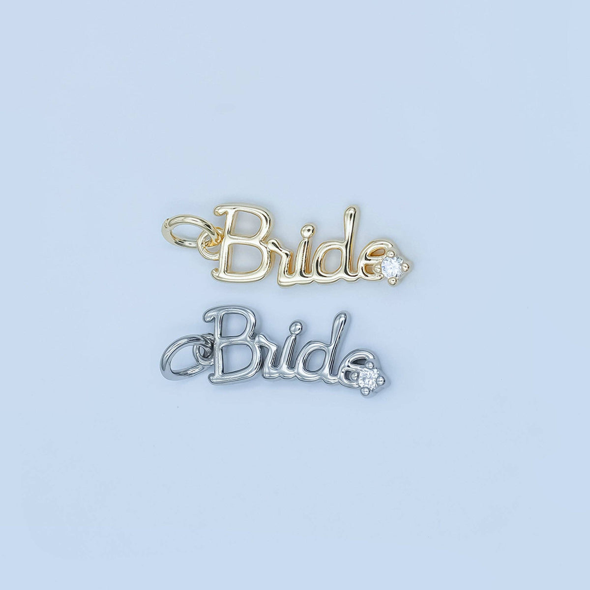 24K Gold Filled "Bride" Cursive Script CZ Charm in Gold & Silver | N091: Gold