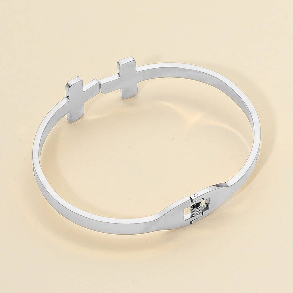 Stainless Steel Mother of Pearl Double Cross Tip Hinged Bangle Bracelet: Mother of Pearl,Silver