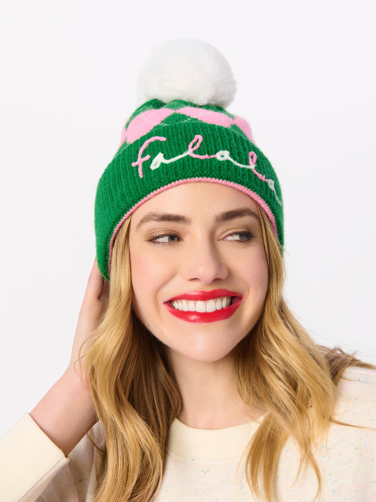 "FA LA LA" ARGYLE BEANIE, GREEN