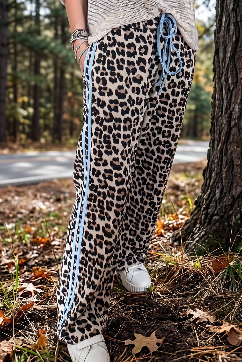 Leopard Print Rose Side Wide leg Stripe Detail Wide Pants: Rose
