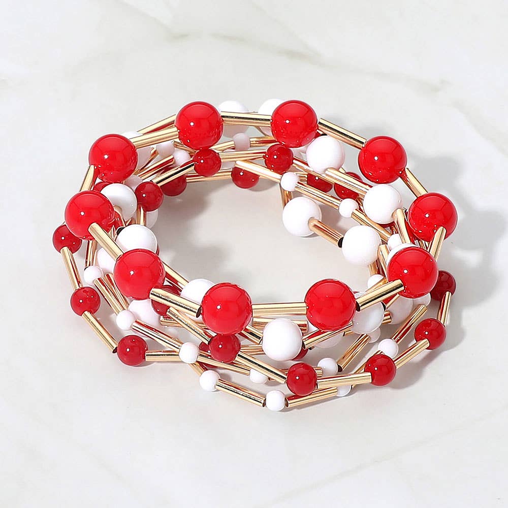 7PCS - Resin Ball Metal Bar Beaded Stretch Stackable Multi Layered Bracelets: Pink&Green