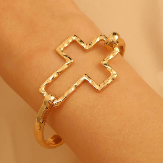 Hammered Open Cross Bangle - Silver or Gold | 40B5235: Gold