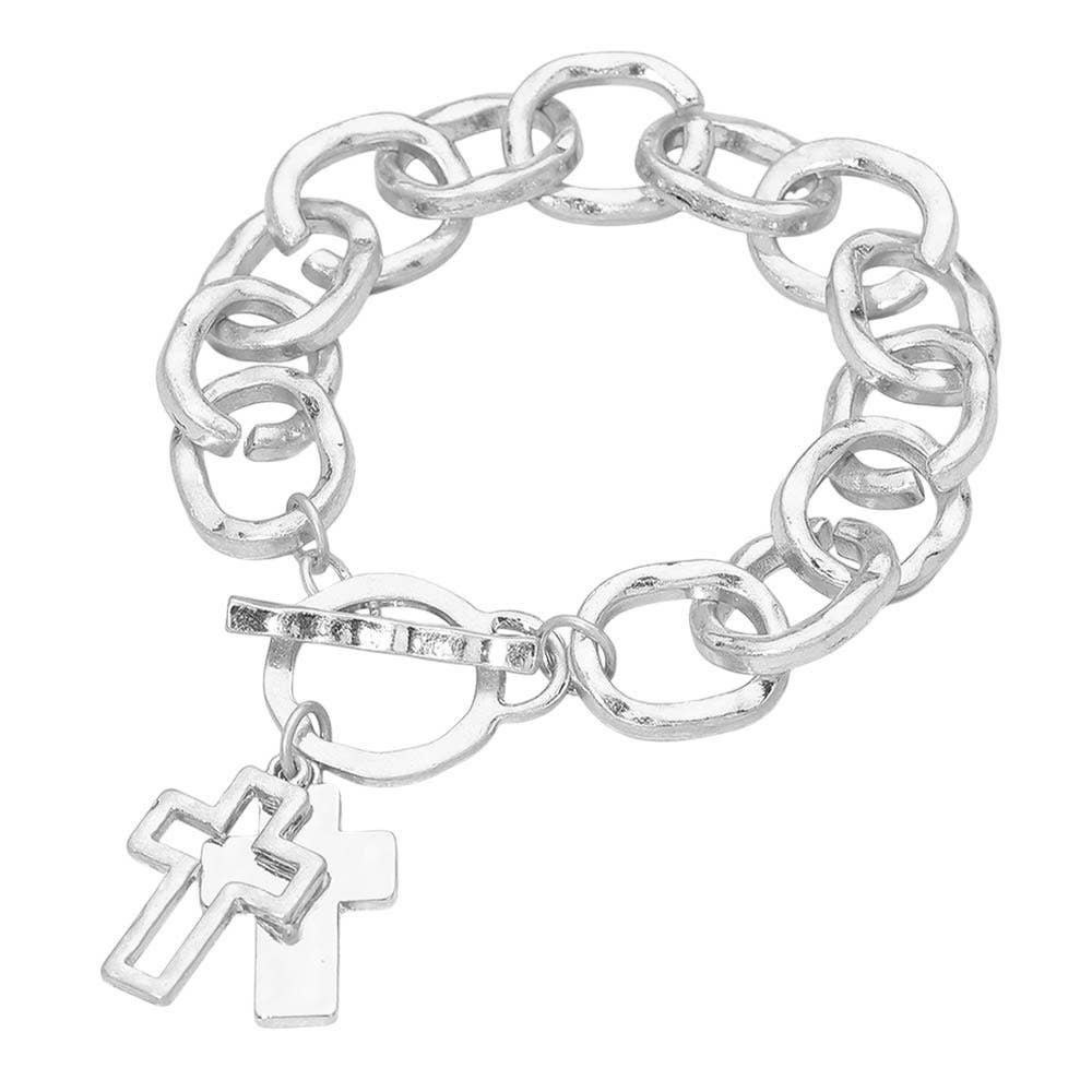 Hammered Layered Cross Charm Chunky Chain Toggle Bracelet: Worn Gold,Worn Silver