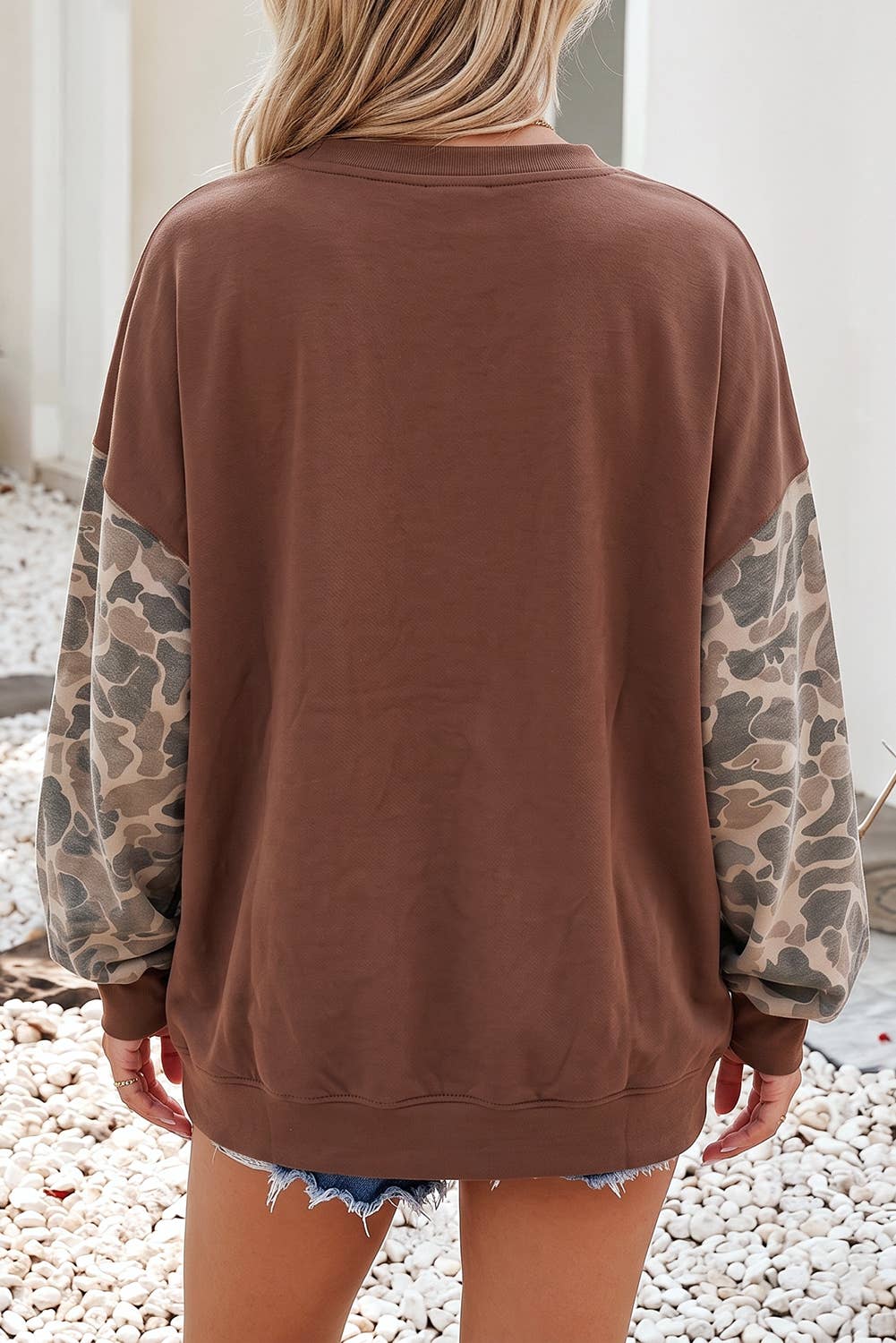 Camo Colorblock Contrast Trim Oversized Sweatshirt: Beige