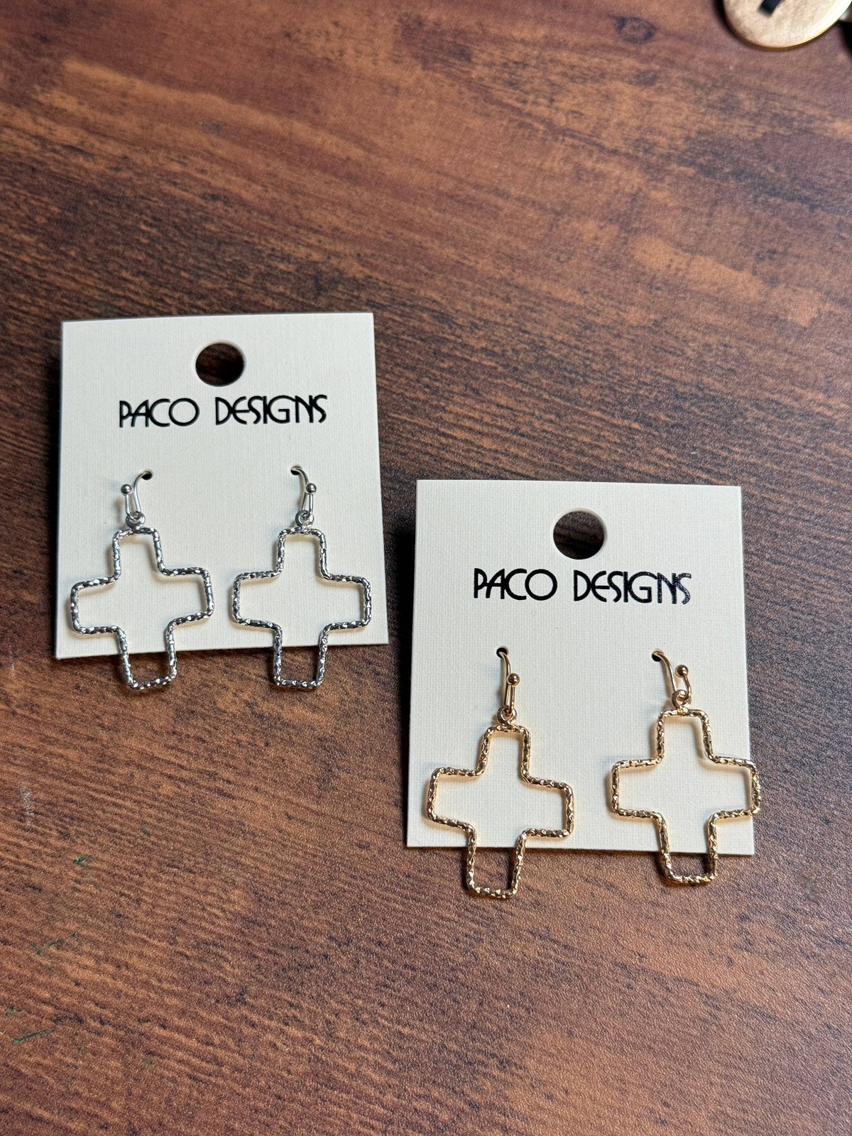 Small Hammered Cross Outline Earrings: Silver