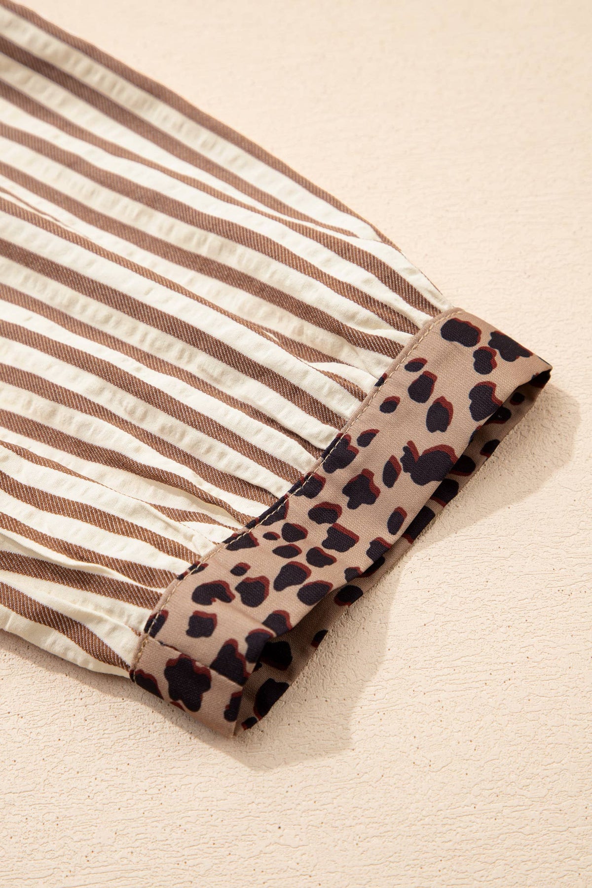 Stripe Button Leopard Trim Bracelet Sleeve Dress (S-XL): Brown / Missy