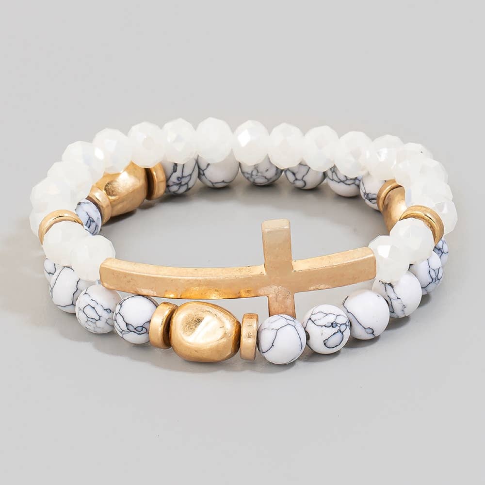 Cross Charm Stone Beaded Bracelet Set: BDWG
