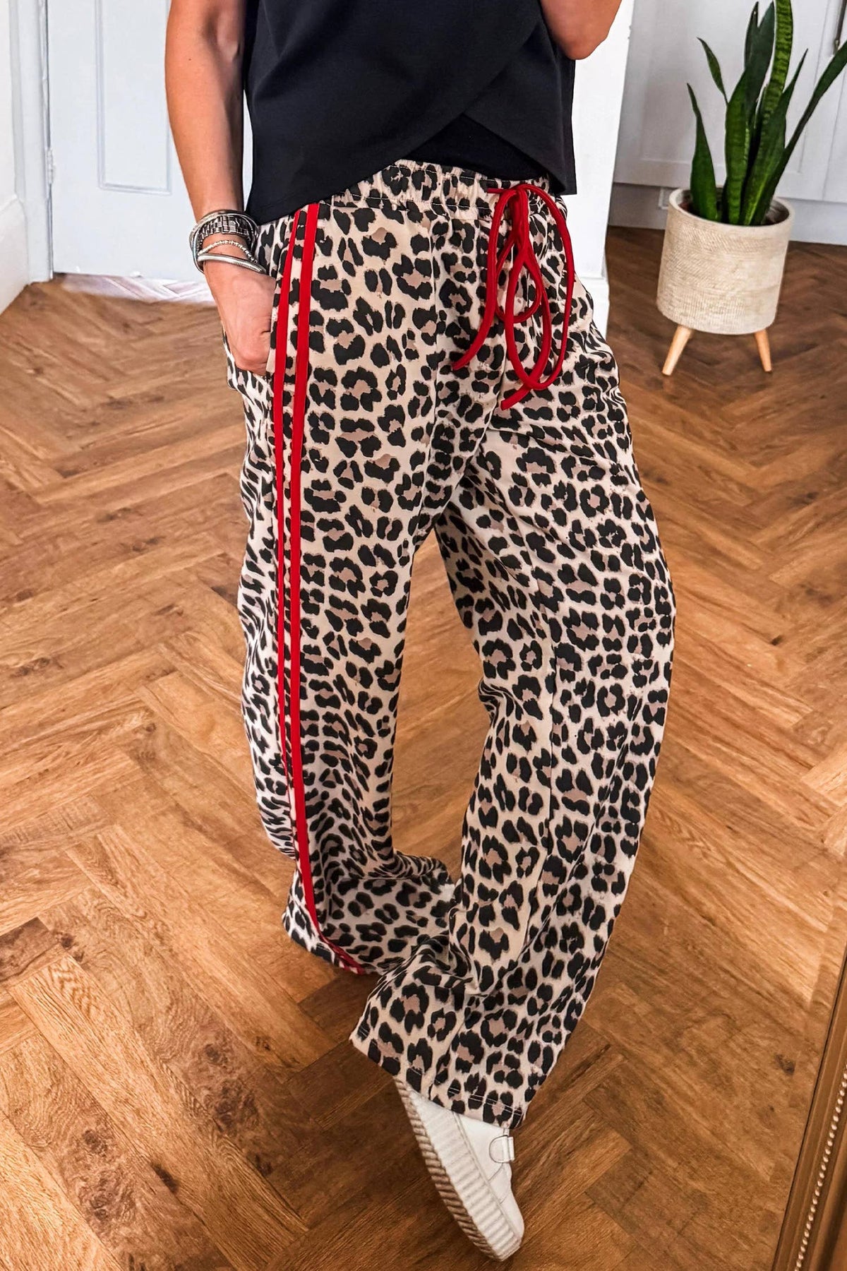 Leopard Print Rose Side Wide leg Stripe Detail Wide Pants: Rose