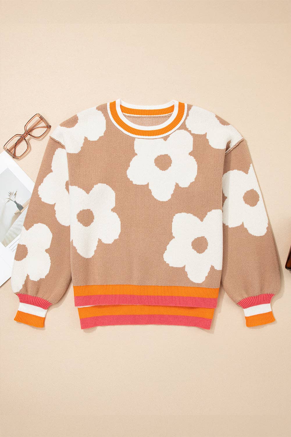 Flower Colorblock Contrast Stripe Baggy Sweater: Smoke Gray
