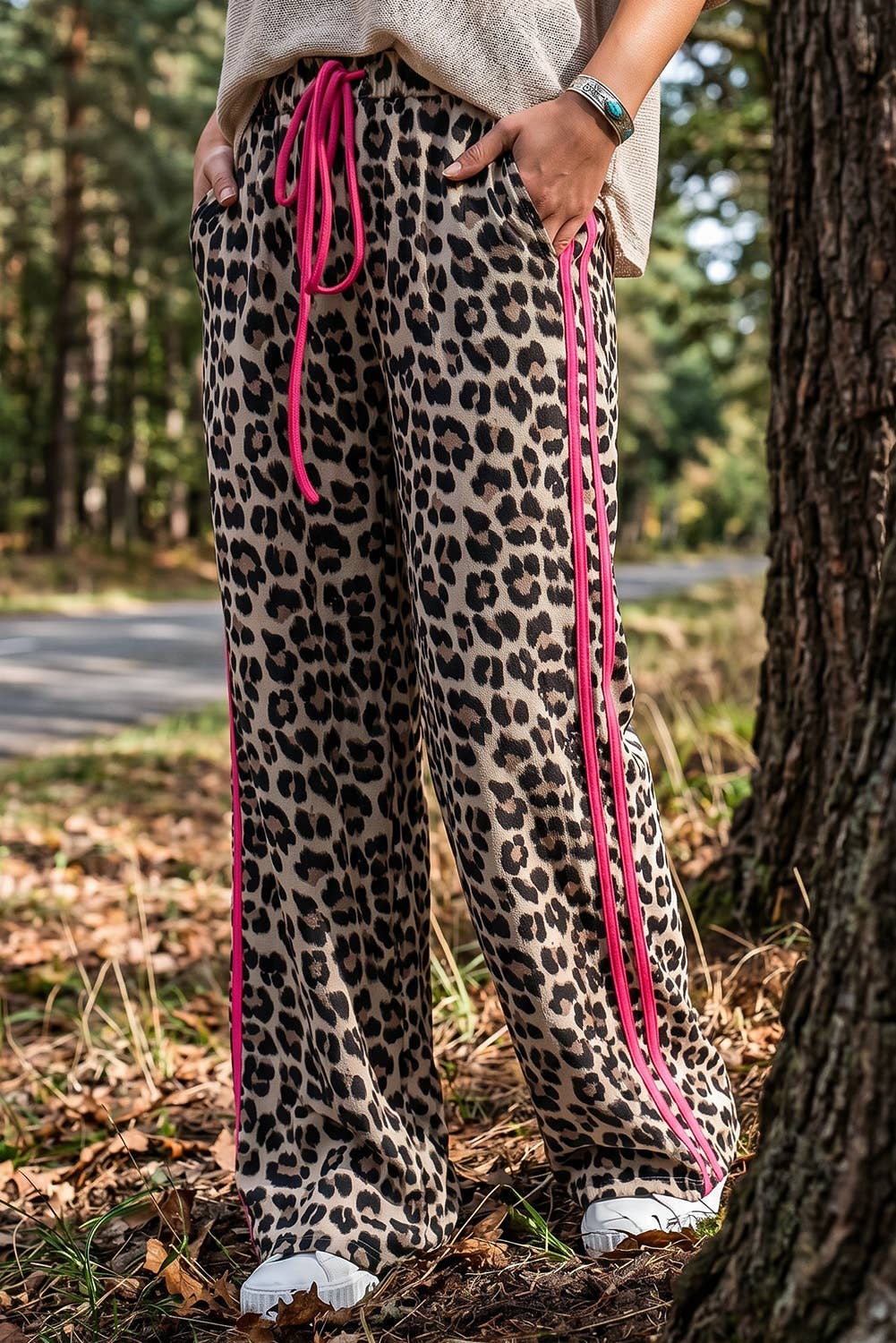 Leopard Print Rose Side Wide leg Stripe Detail Wide Pants: Rose