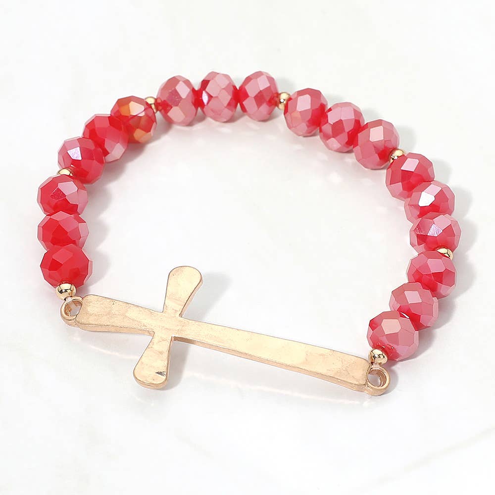 Brushed Hammered Metal Cross Accent Faceted Beaded Stretch Bracelet: Light Blue