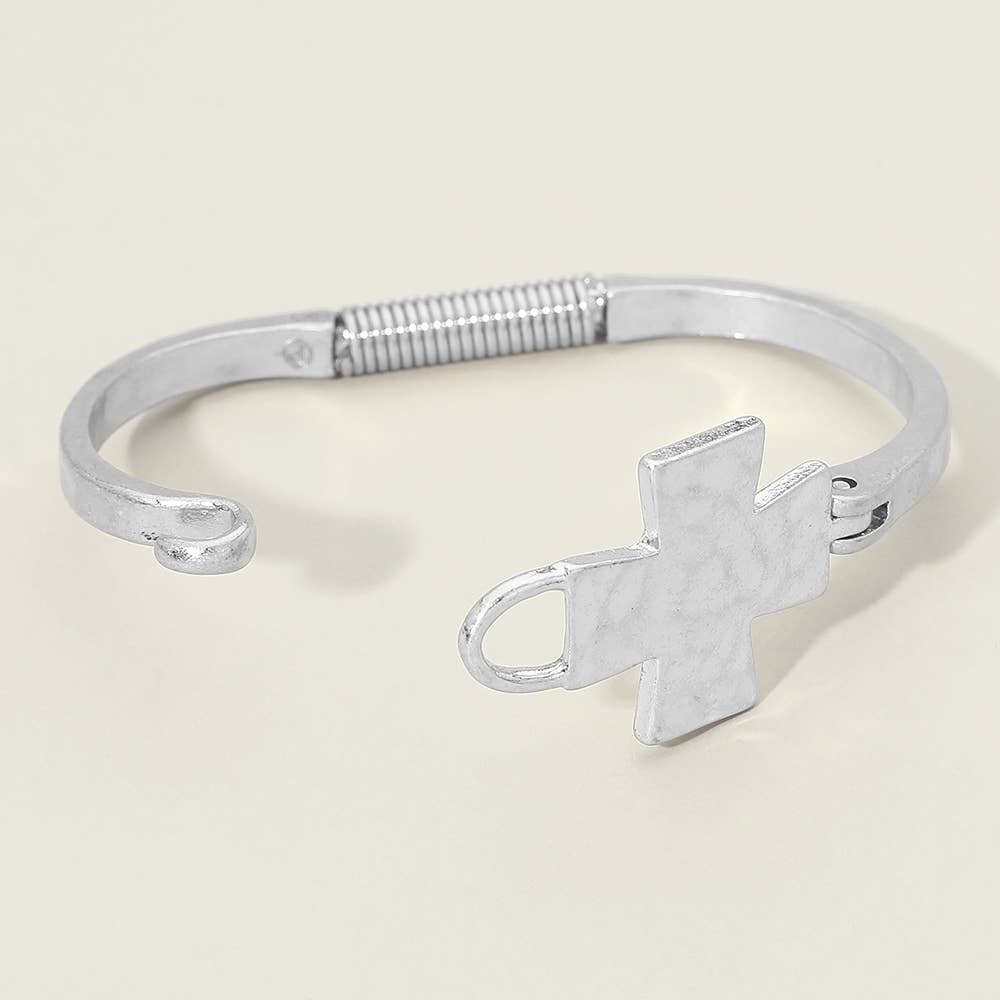 Hammered Metal Cross Accent Hinged Bangle Bracelet: Worn Gold