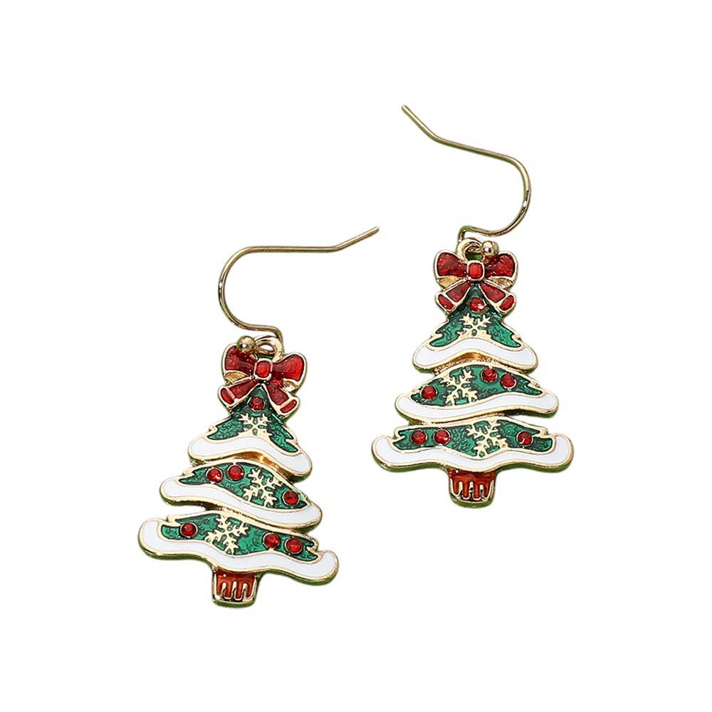 Bow Snowflake Christmas Tree Charm Drop Dangle Earrings: Gold,Multi