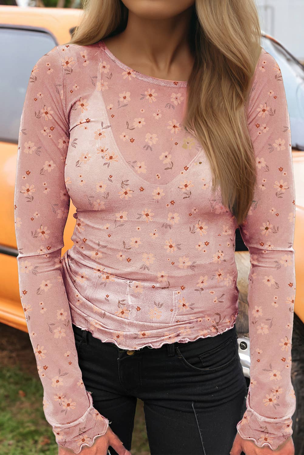 Western Vintage Floral Print Southern Mesh Long Sleeve Top: Missy