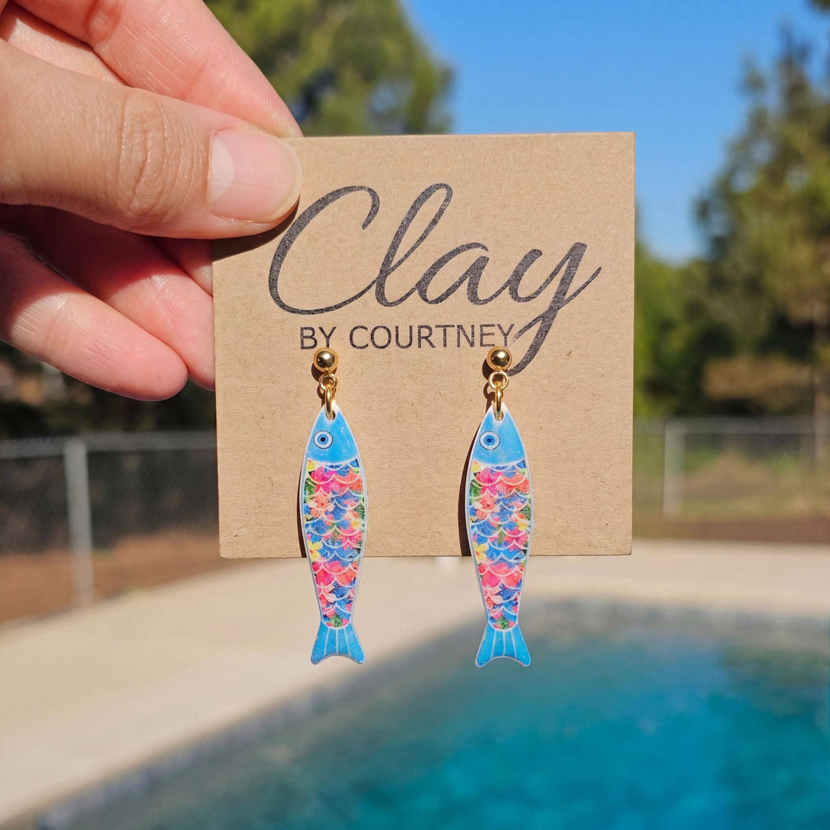 Aqua Blue Multi Colored Scales Clay Fish Earrings