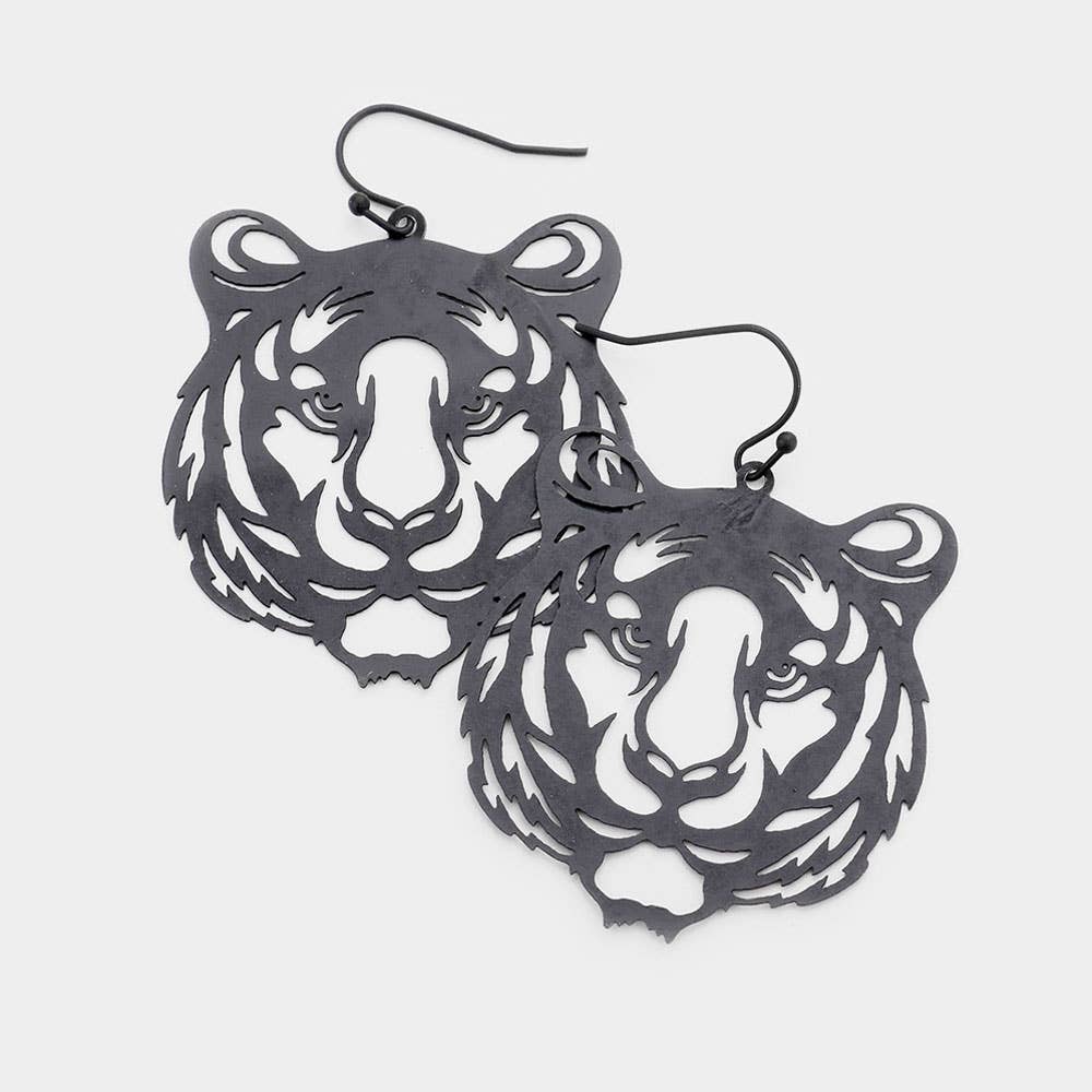 Brass Metal Cut Out Tiger Dangle Earrings: Silver