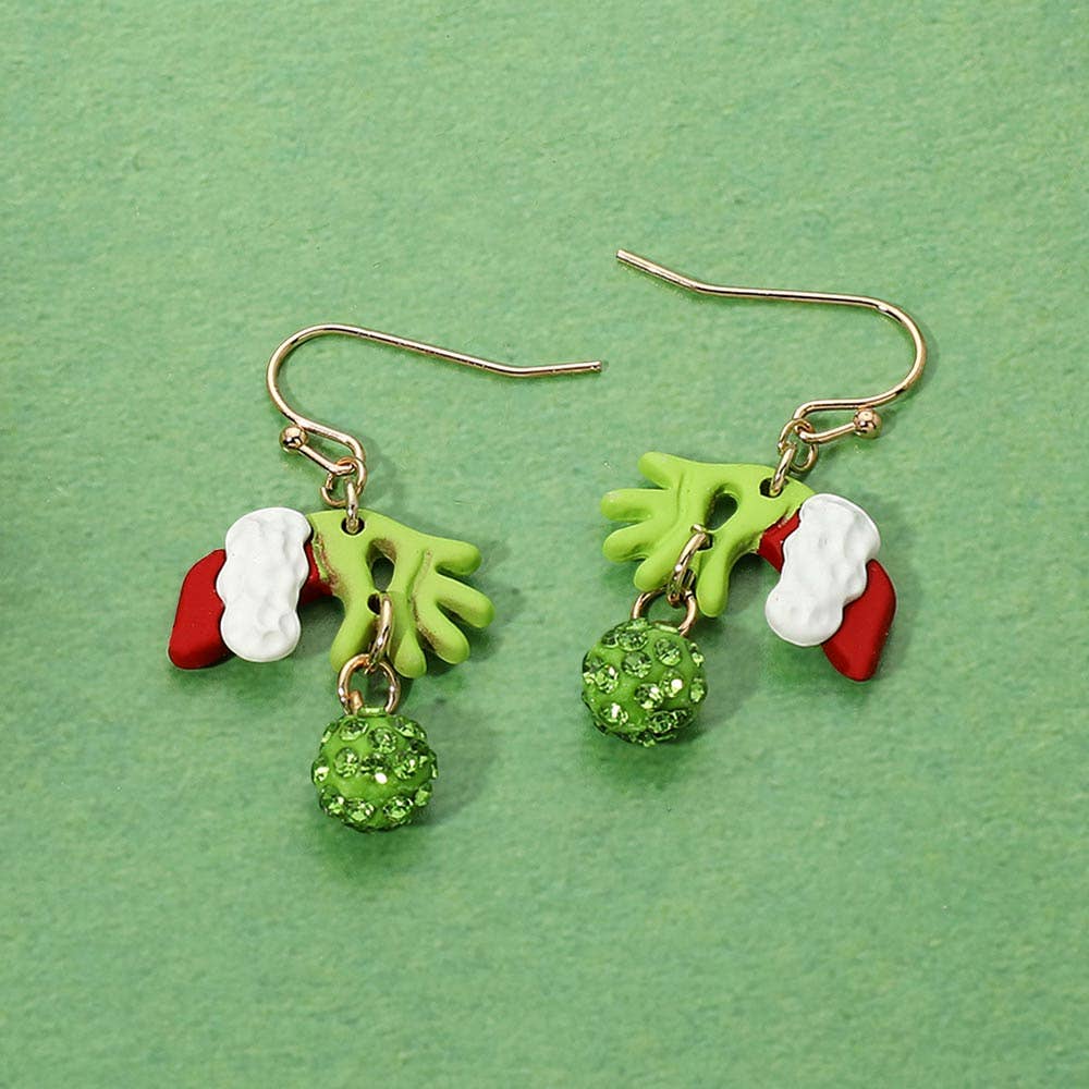 Grinch Santa Hand Christmas Ornate Drop Charm Dangle Earrings: Gold