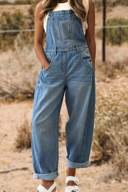 Adjustable Buckle Barrel Denim Overalls: Dusk Blue