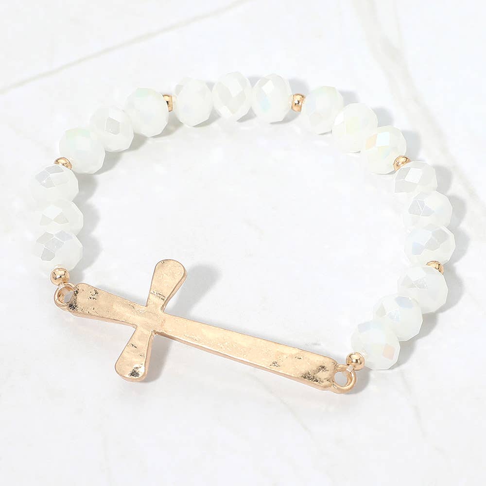 Brushed Hammered Metal Cross Accent Faceted Beaded Stretch Bracelet: Light Blue