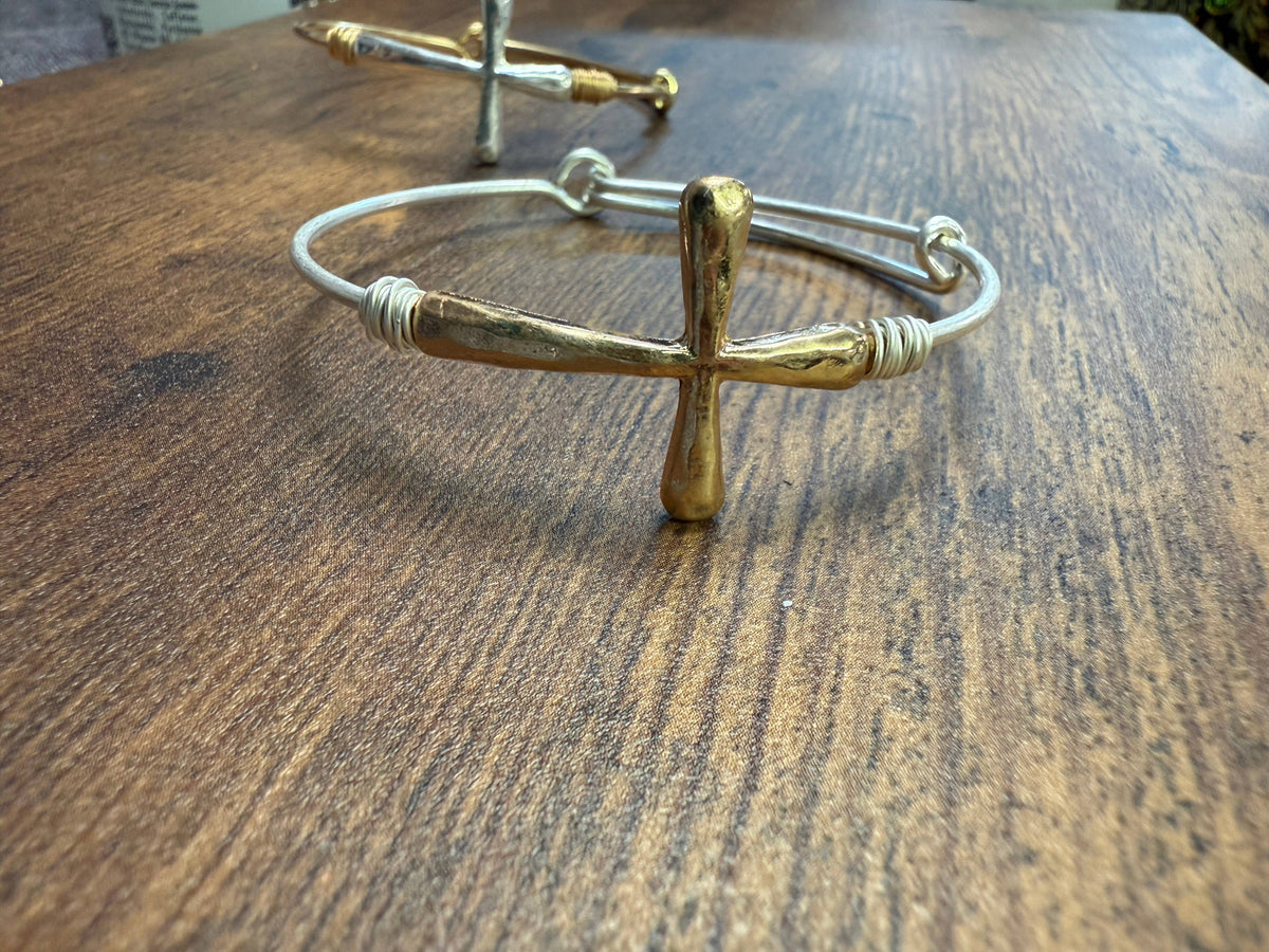 Two-tone Wire Wrapped Cross Bangle Bracelet : Gold