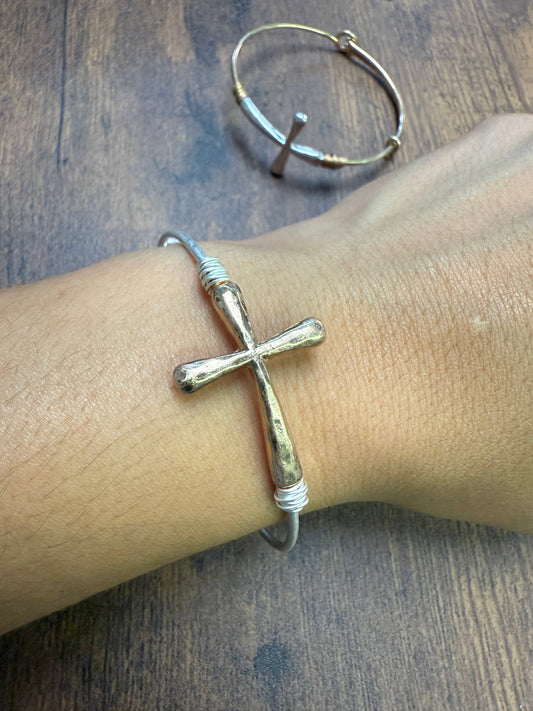 Two-tone Wire Wrapped Cross Bangle Bracelet : Gold