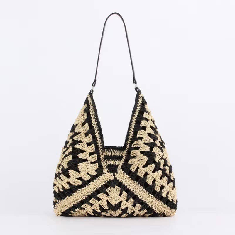 Crochet Open-Weave Boho Handbag | 40P602: Black Mix