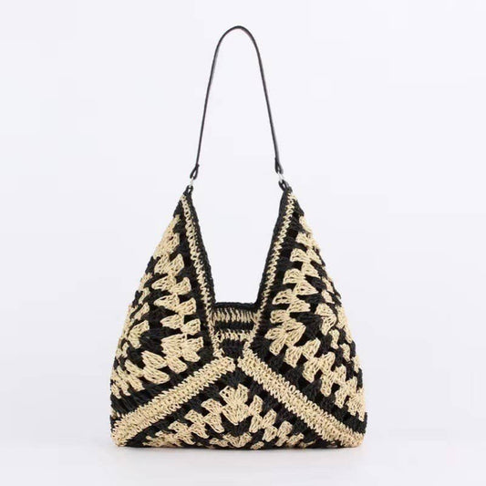 Crochet Open-Weave Boho Handbag | 40P602: Black Mix