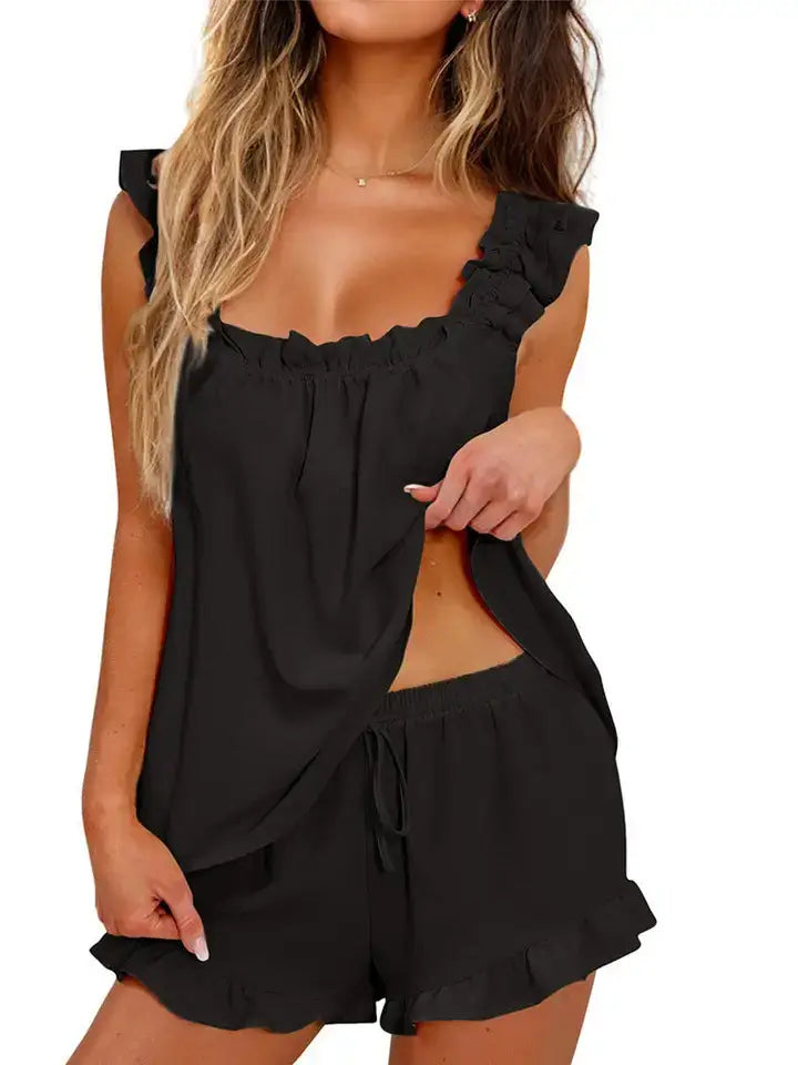 Solid Ruffle Lounge Set Sleeveless Pajama Shorts: White / 100%Polyester