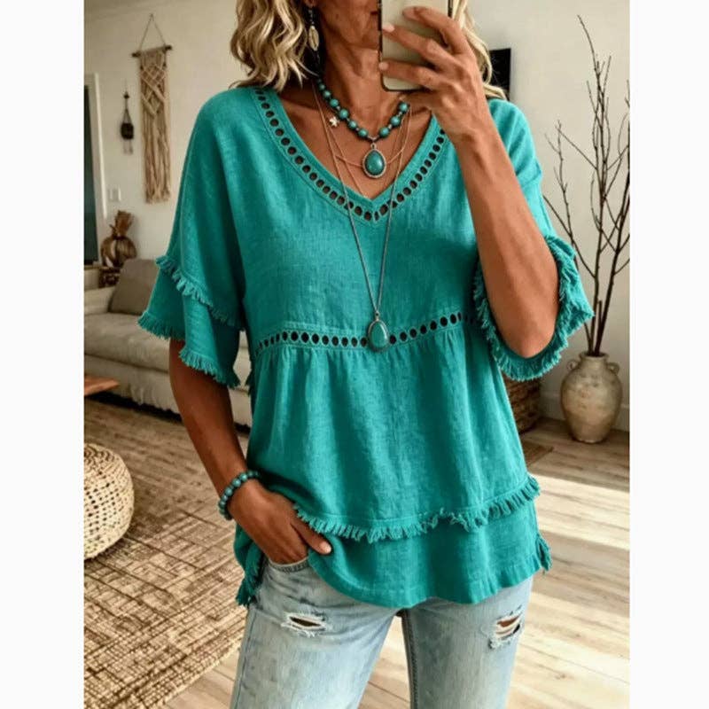 Boho Linen V Neck Blouse Eyelet Ruffle Sleeve: White / 30%cotton70%linen