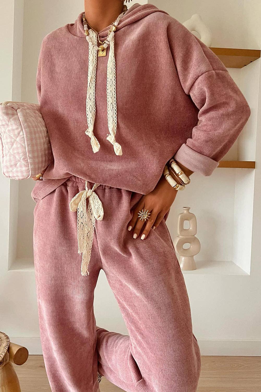 Parchment Leopard Drawstring Pullover Hoodie and High Waist Pants Corduroy Suit: Parchment / 42.5%Polyester+40%Viscose+16%Polyamide+1.5%Elastane