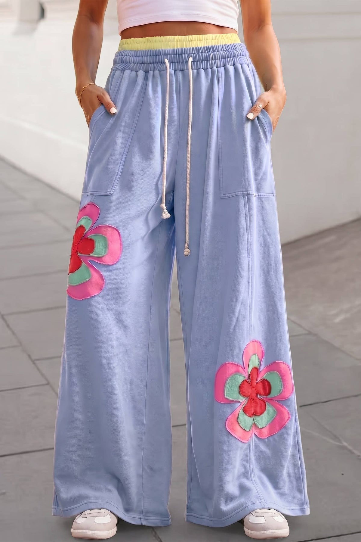 Floral Patch Drawstring Contrast Wide Leg Pants: Sea Green