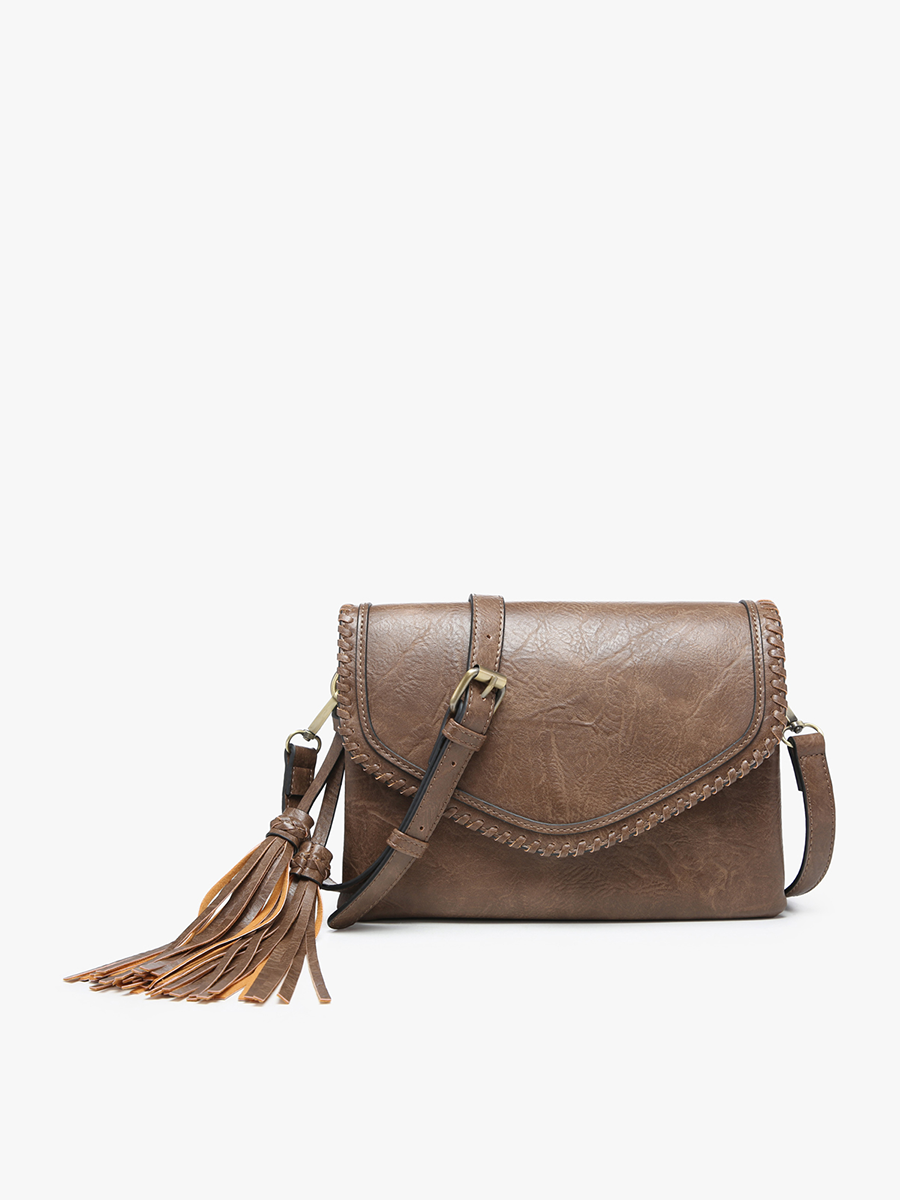 Sloane Flapover Crossbody w/ Whipstitch and Tassel | M1802A : Brown