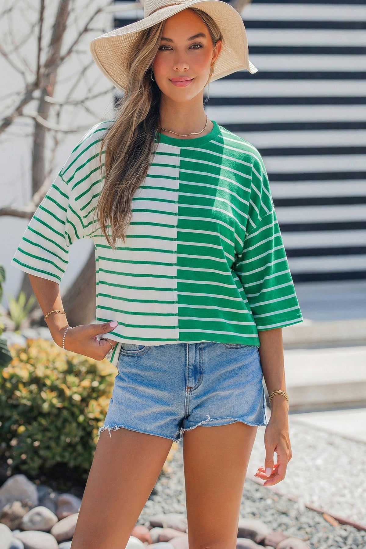 Colorblock 3/4 Sleeve Loose T Shirt: Green Stripe