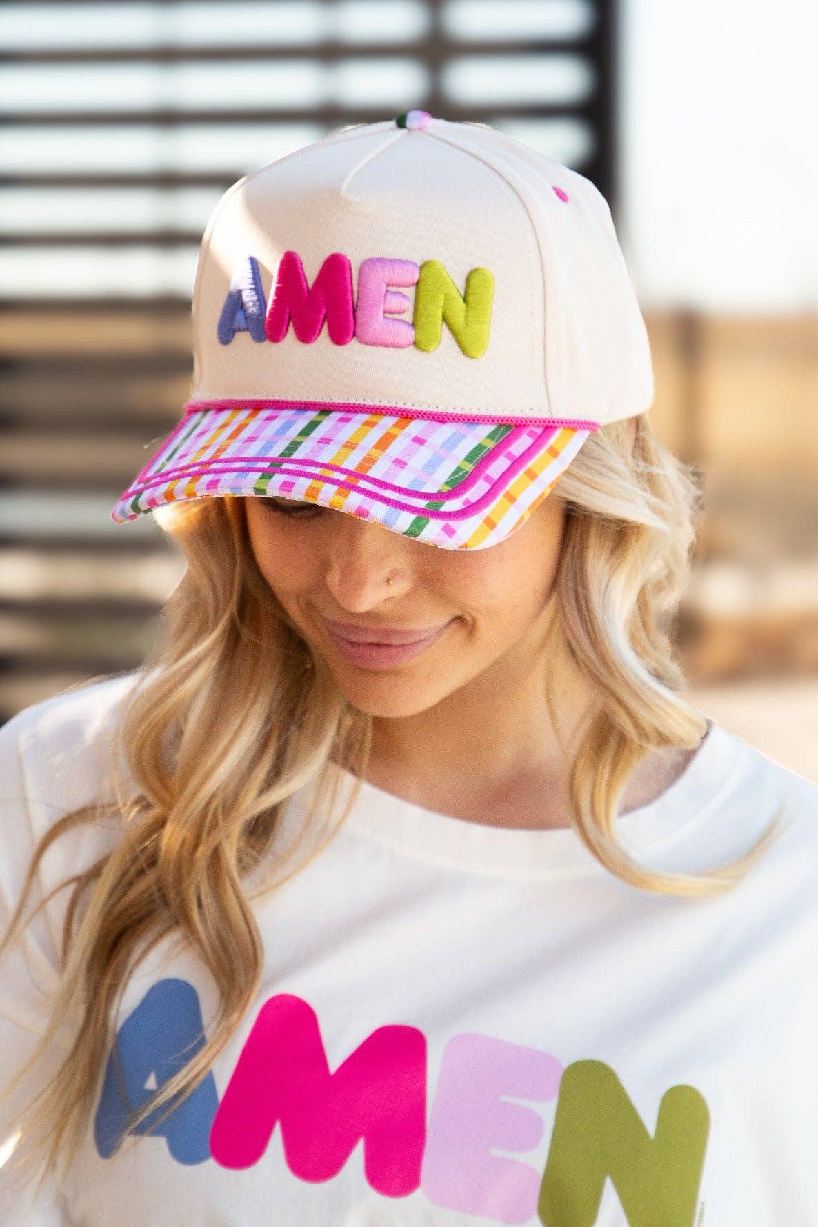 "Amen" on Tan Hat with Plaid Bill: Tan / One Size