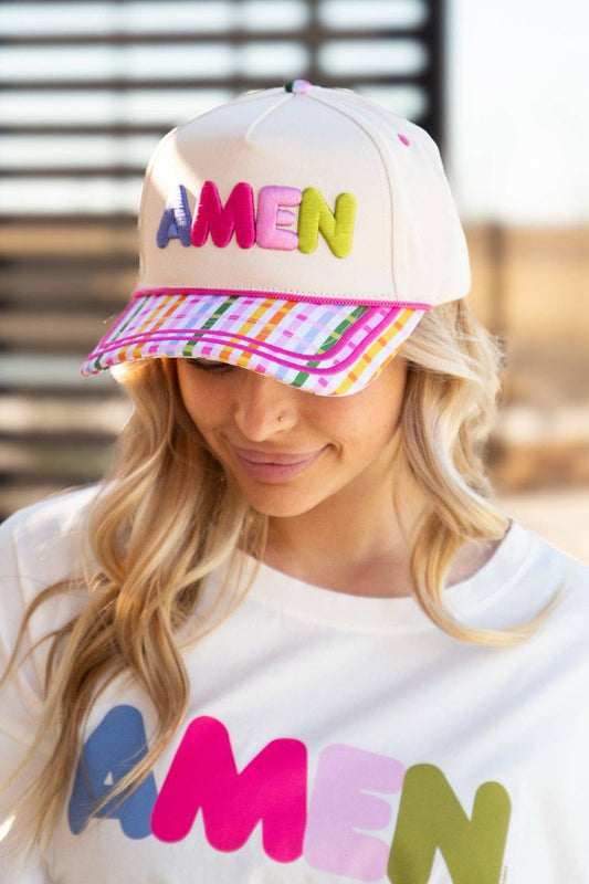 "Amen" on Tan Hat with Plaid Bill: Tan / One Size