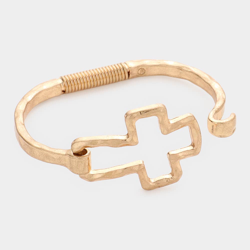 Hammered Open Metal Cross Hook Bracelet: Worn Silver
