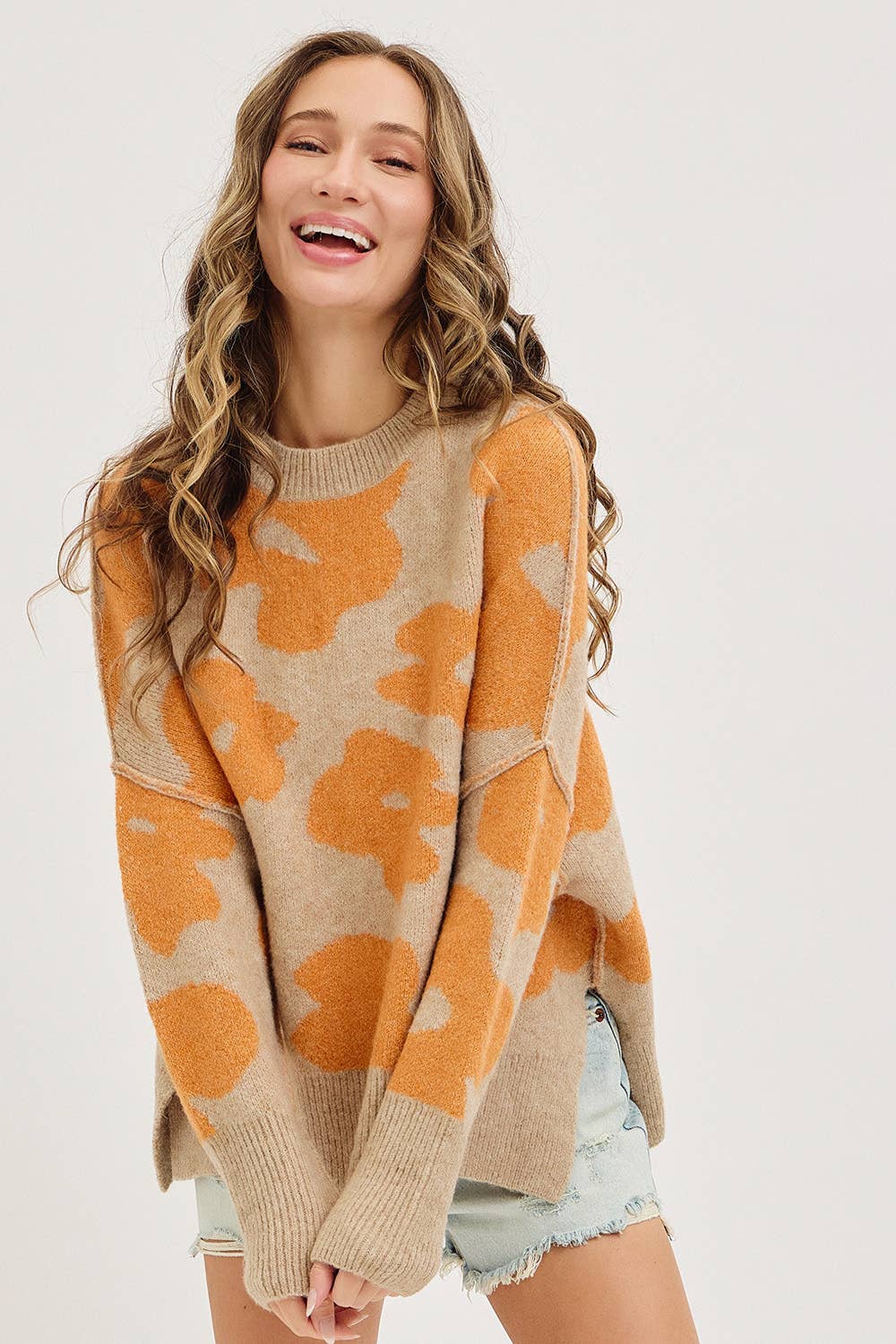 CREW NECK FLORAL LOOSE FIT SWEATER KNIT TOP: PUMPKIN PURPLE / Contemporary