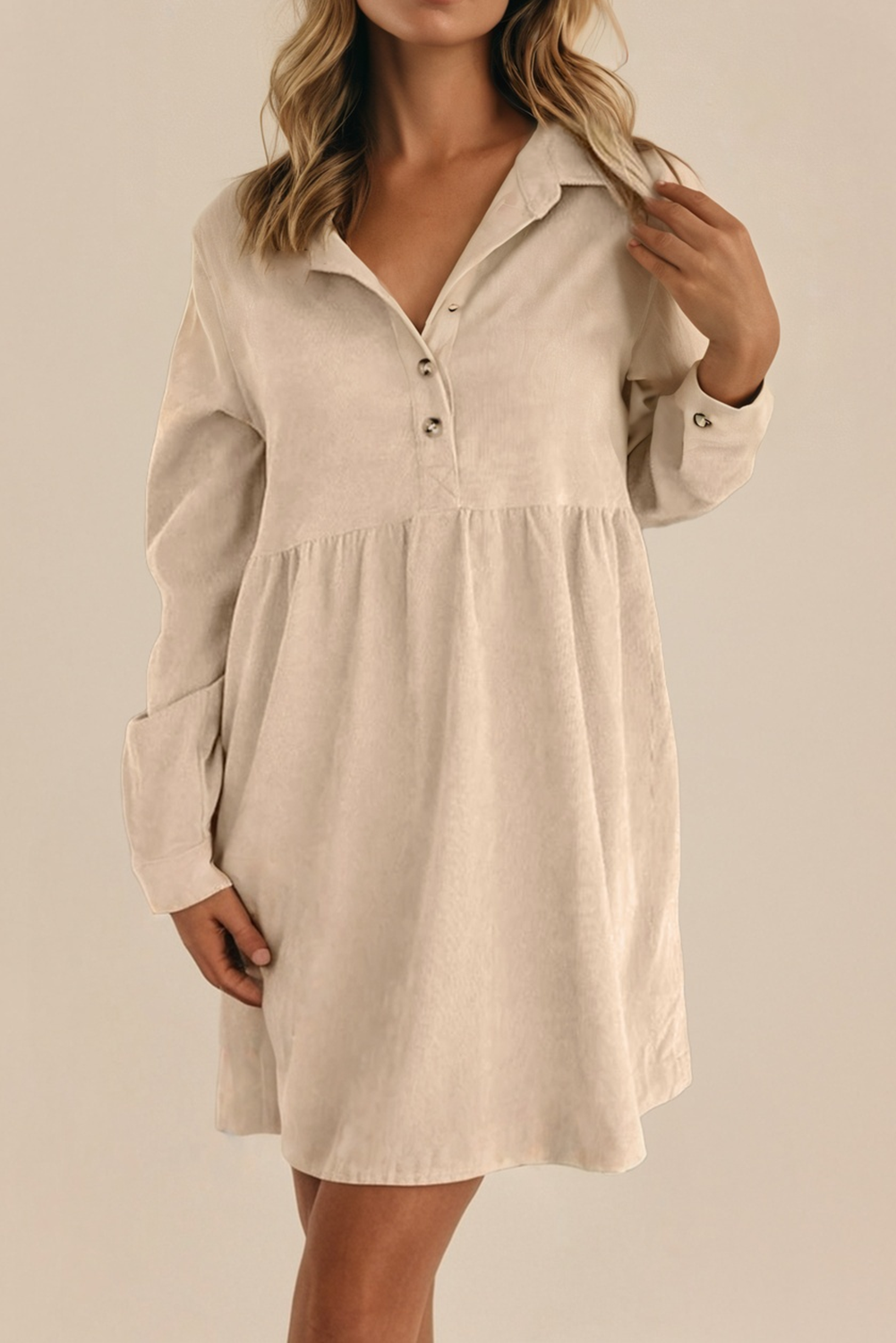 Corduroy Half Button Collared Long Sleeve Mini Fall Dress: Beige / Missy