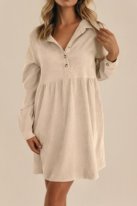 Corduroy Half Button Collared Long Sleeve Mini Fall Dress: Beige / Missy