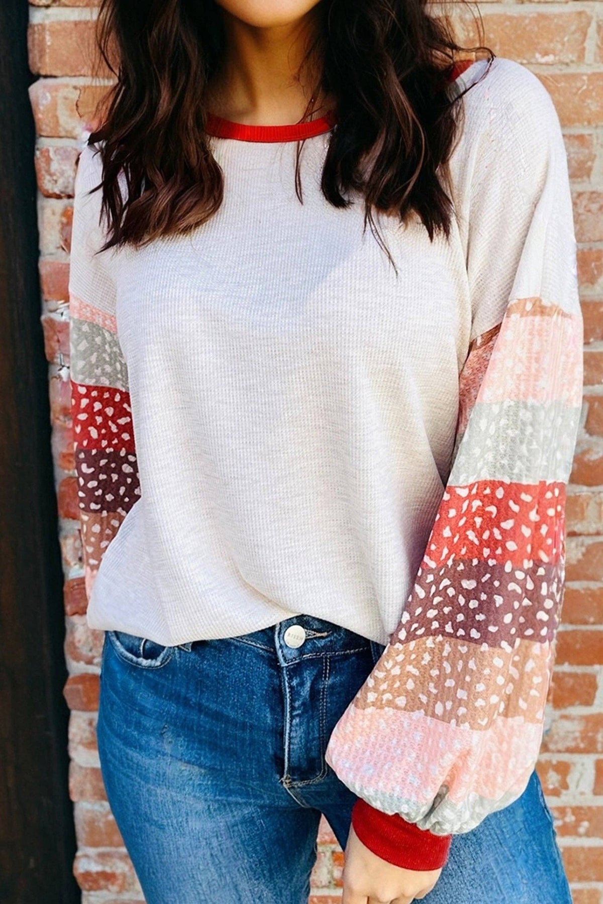 Jet Stream Contrast Leopard Color Block Sleeve Loose Pullover: Jet Stream / 75%Polyester+25%Cotton