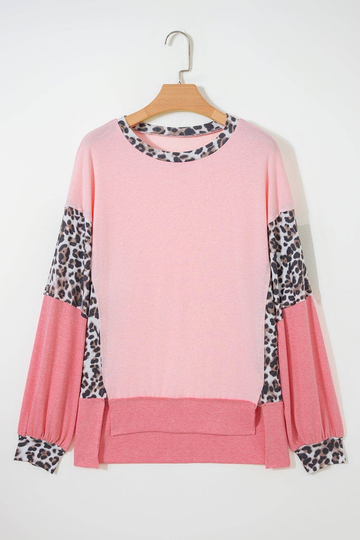 Color Block Leopard Dolman Sleeve High Low Baggy Sweatshirt: Light Pink / 75%Polyester+20%Viscose+5%Elastane
