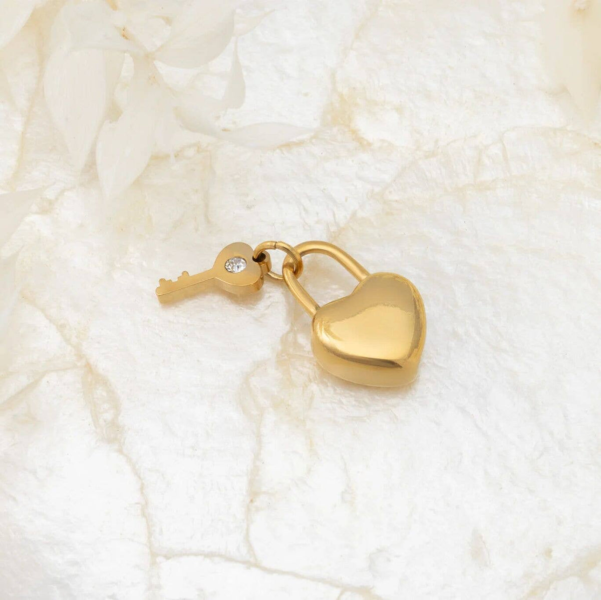 18K Gold PVD Stainless Steel Heart Lock and Key Charm: Gold