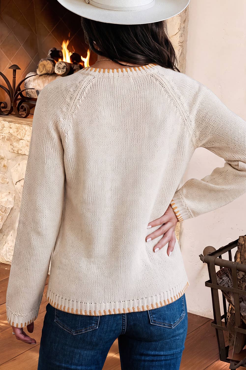 Floral Embroidery Pumpkin Long Sleeve Round Neck Sweater: Parchment