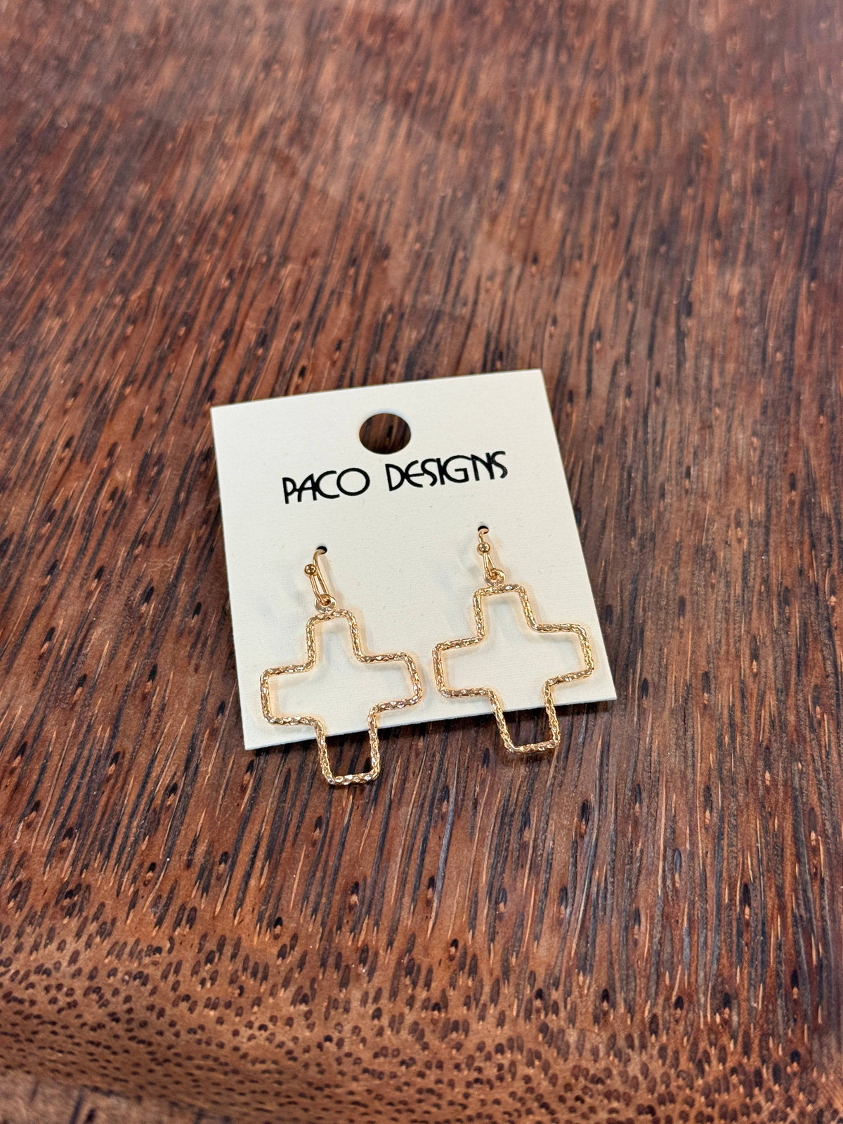 Small Hammered Cross Outline Earrings: Gold