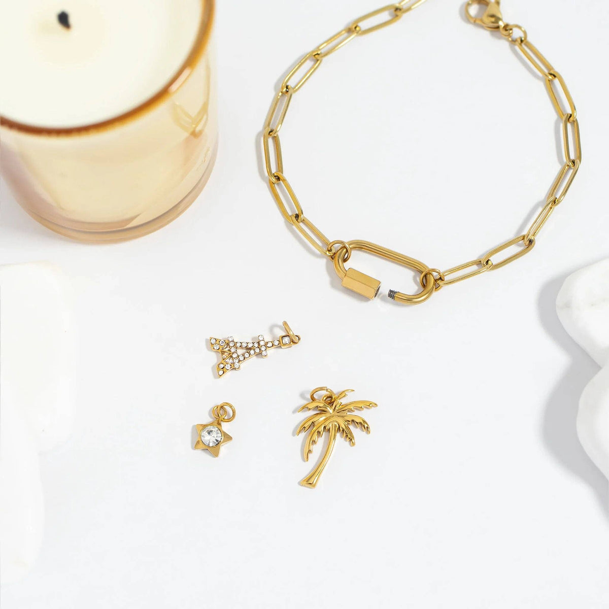 18K Gold PVD Stainless Steel Palm Tree Charm: Gold