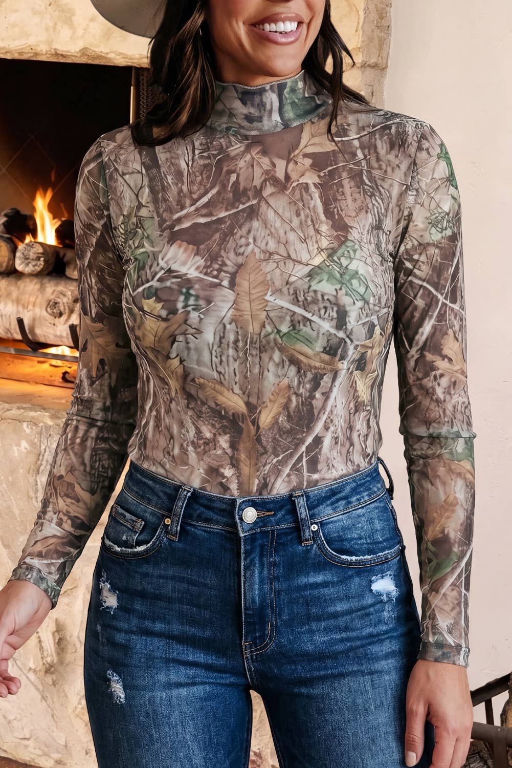 FW 2026 Floral Mesh Long Sleeve Mock Neck Top (S-4X): Camel