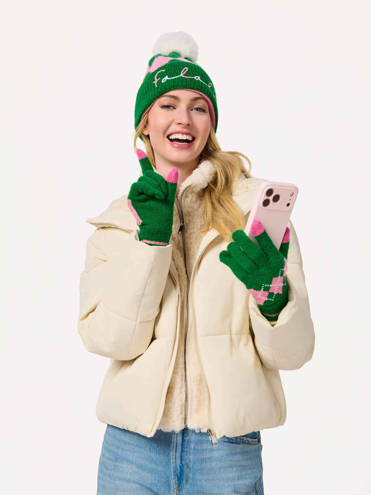 "FA LA LA" ARGYLE BEANIE, GREEN