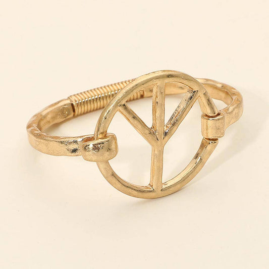 Worn Metal Peace Symbol Bangle Bracelet: Worn Gold
